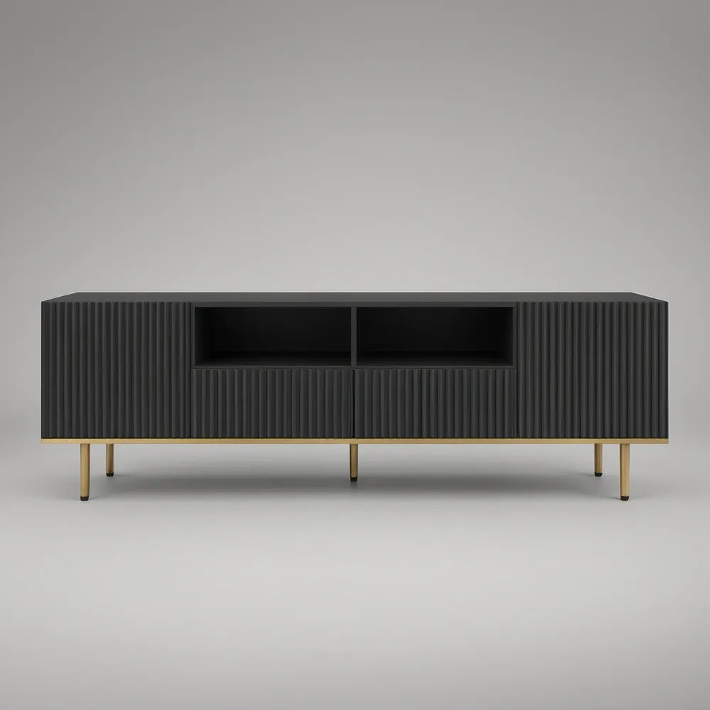 Szafka RTV 180 x 40 x 65 cm z ryflowanymi frontami, czarna ze złotymi nogami