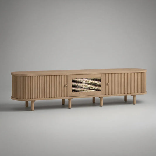 Szafka RTV owalna 180 × 45 × 50 cm z fornirem dębowym i plecionką rattanową, Naturalny dąb/Beż
