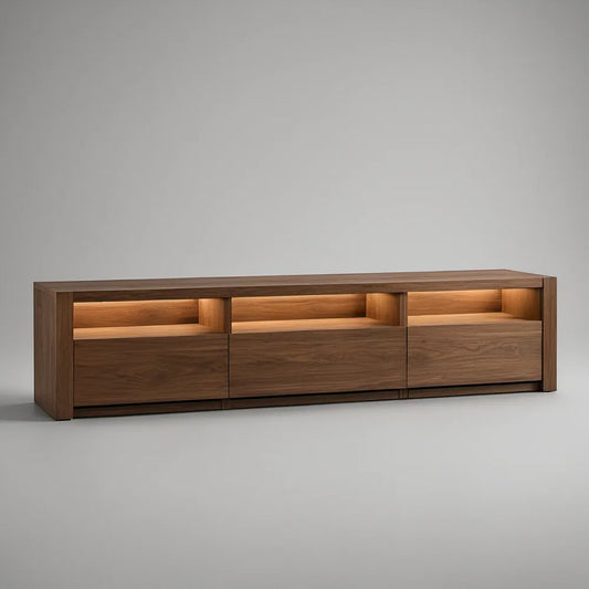 Szafka RTV z 3 szufladami, 3 wnękami i oświetleniem LED, fornir orzechowy, brązowa, 180 x 40 x 55 cm