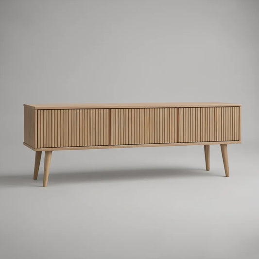 Szafka RTV z ryflowanymi frontami MDF w okleinie dębowej, jasny dąb, 160 × 40 × 55 cm