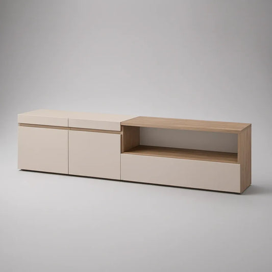 Szafka RTV 180 × 40 × 50 cm z laminowanej płyty wiórowej, beżowa/dąb naturalny